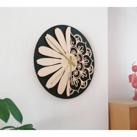 Wooden wall clock flower of life model: MDF black/ poplar plywood PR0374