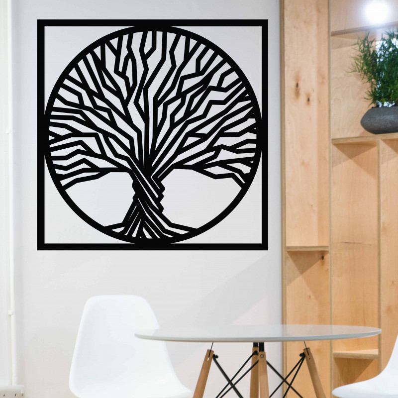 Wooden wall painting tree in a frame