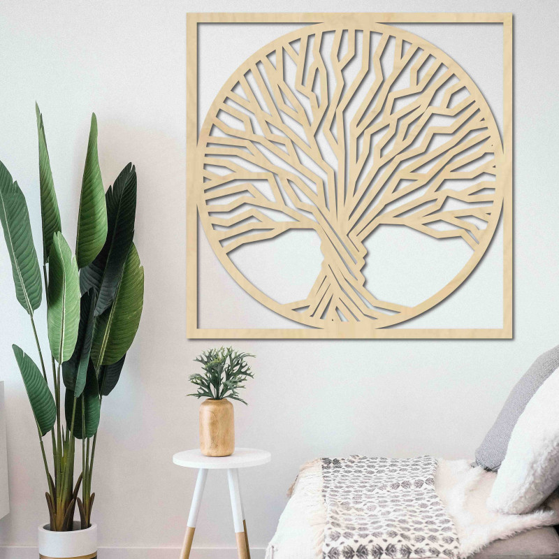 Wooden wall painting tree in a frame