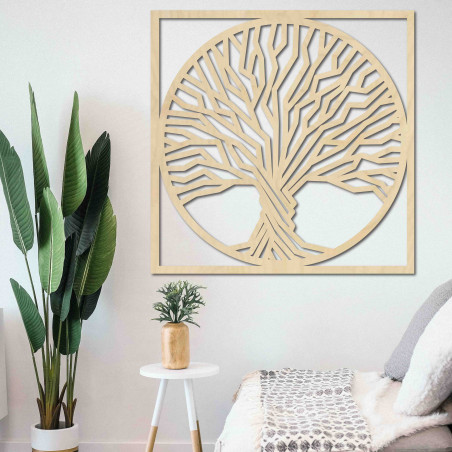 Wooden wall painting tree in a frame