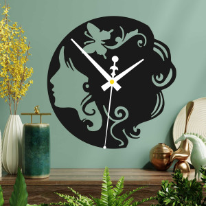 Wooden clock - lady with butterfly in her hair black and...