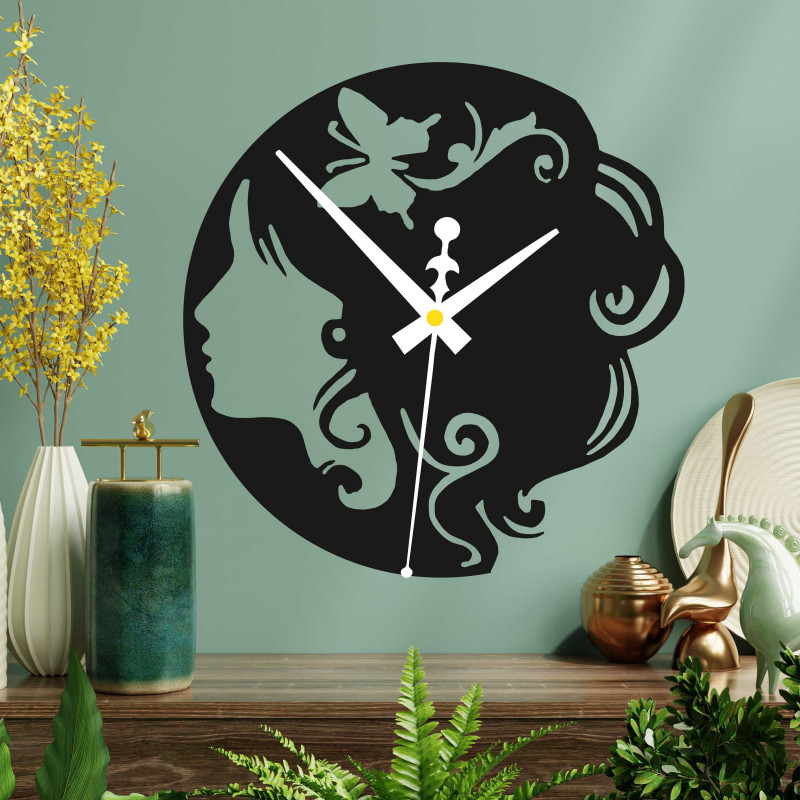 Wooden clock - lady with butterfly in her hair...