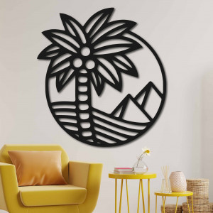 Wooden wall painting of a palm tree on the beach - MALLAWI