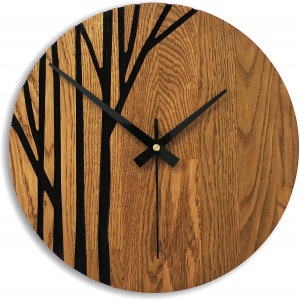 Elegant wooden clock with natural wood grain and contrasting pattern.