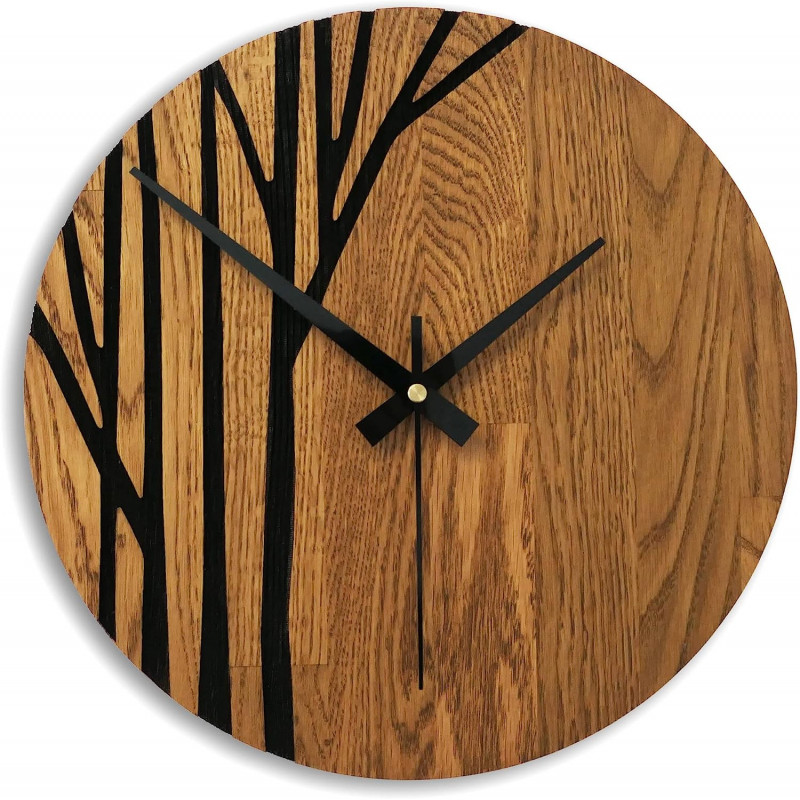 Elegant wooden clock with natural wood grain and contrasting pattern.