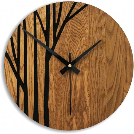 Elegant wooden clock with natural wood grain and contrasting pattern.