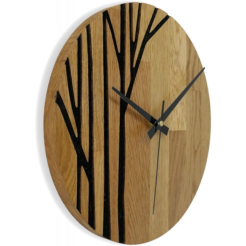 Round elegant clock made of solid wood with a minimalist design.