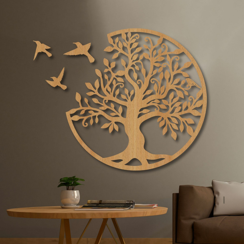 wooden wall painting tree with birds