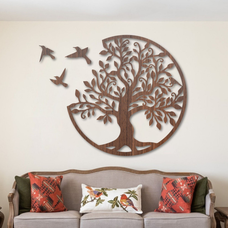 wooden wall painting tree with birds