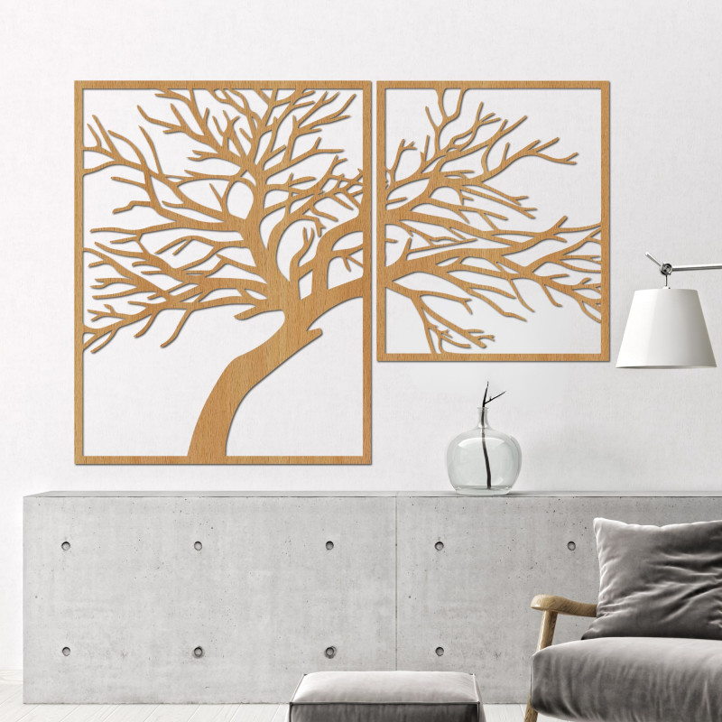The two-part painting depicts an elegant tree with detailed carved branches, created in warm wood tones.