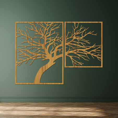 The two-part painting depicts an elegant tree with detailed carved branches, created in warm wood tones. The two-part painting depicts an elegant tree with detailed carved branches, created in warm wood tones.