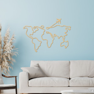 Designer wooden world map on the wall - WorldLines 2
