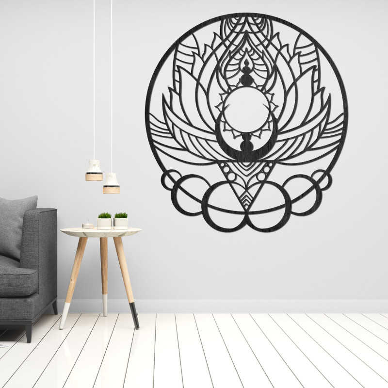 Wooden carved ornament with a sun flower motif for the wall