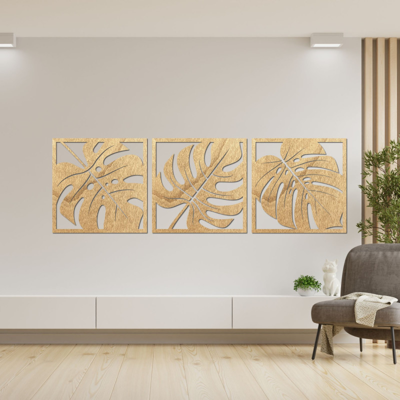 Wooden Monstera Picture – 3-piece Wall Decoration