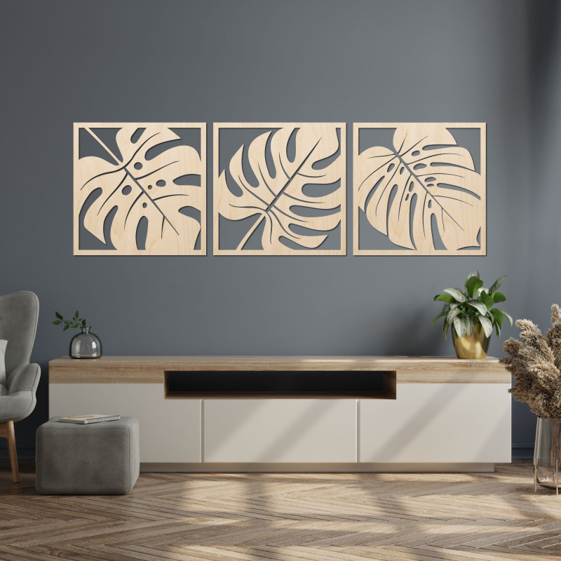 Wooden Monstera Picture – 3-piece Wall Decoration