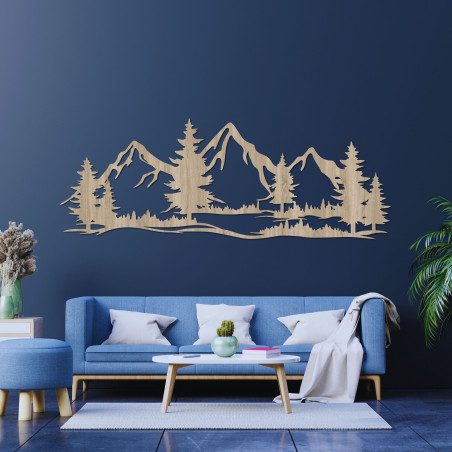 Wooden wall painting of mountains and forest Wooden wall painting of mountains and forest