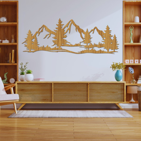 A wooden wall painting with a motif of mountains and forests will bring the atmosphere of wild nature into your home. A wooden wall painting with a motif of mountains and forests will bring the atmosphere of wild nature into your home.