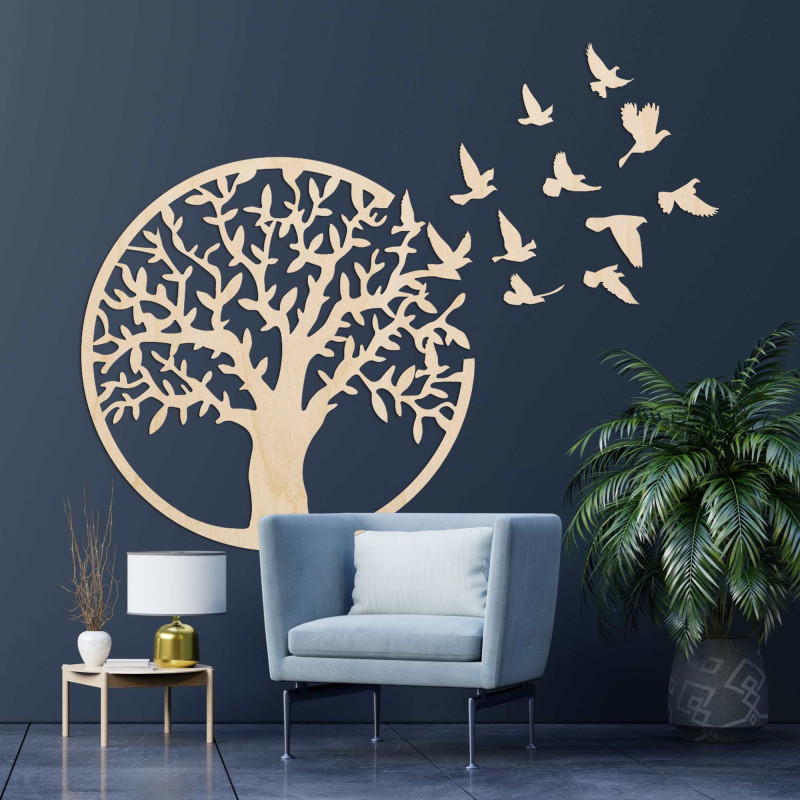 Wooden picture of tree of life flying bird
