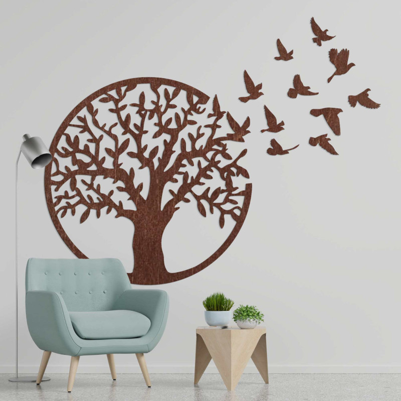 Wooden picture of tree of life flying bird