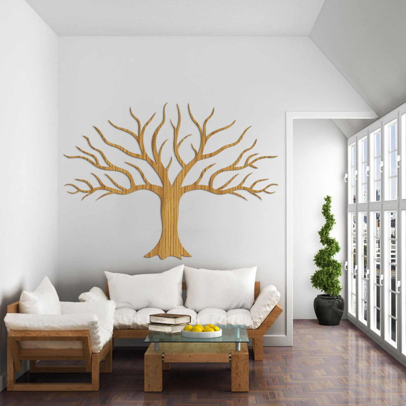 Wooden picture on the wall with tree branches