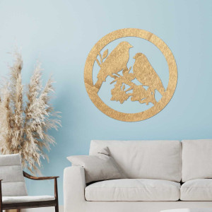 Wooden wall painting birds on a branch 2