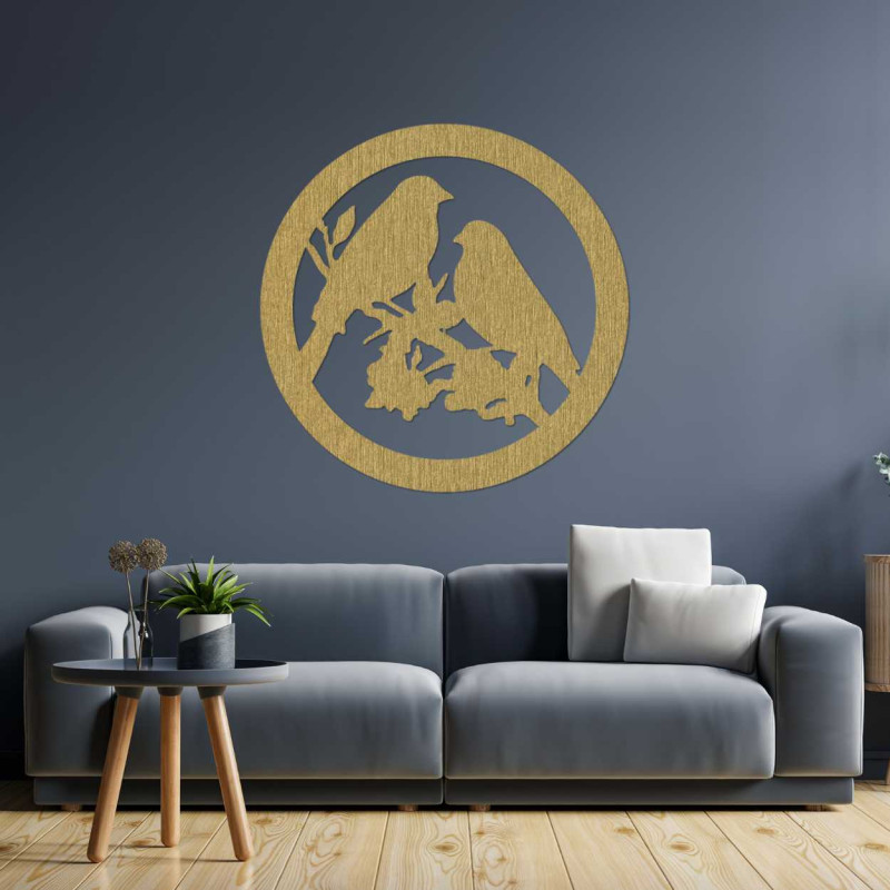 Wooden wall painting birds on a branch