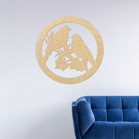 Wooden wall painting birds on a branch