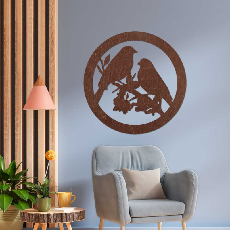 Wooden wall painting birds on a branch