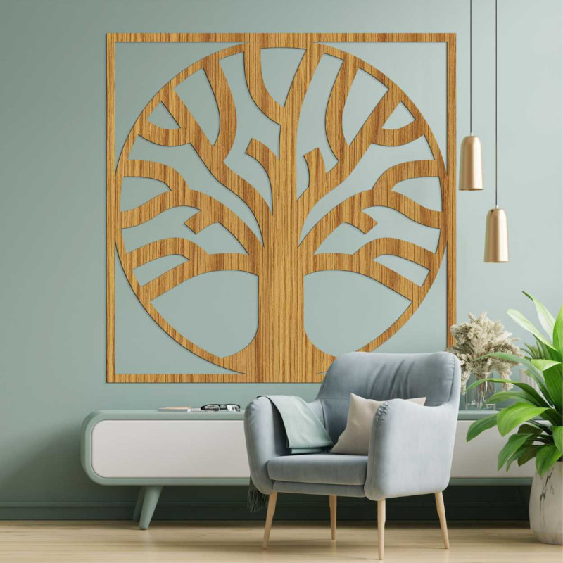A symbolic tree of life carved into wood, surrounded by a circular border.