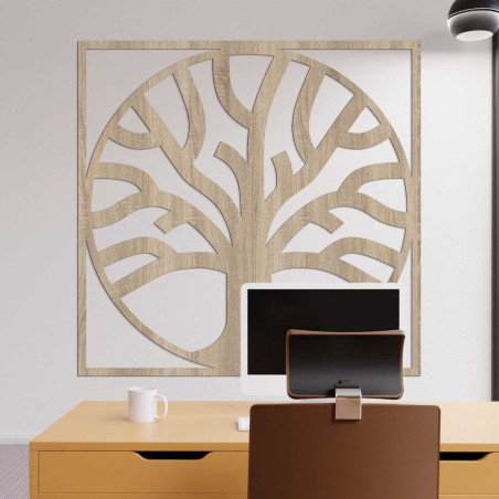 Decorative wooden board with a tree motif as a symbol of nature and spirituality.