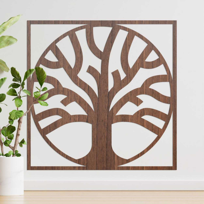 Aesthetically balanced wooden painting with a carved tree as the central element.