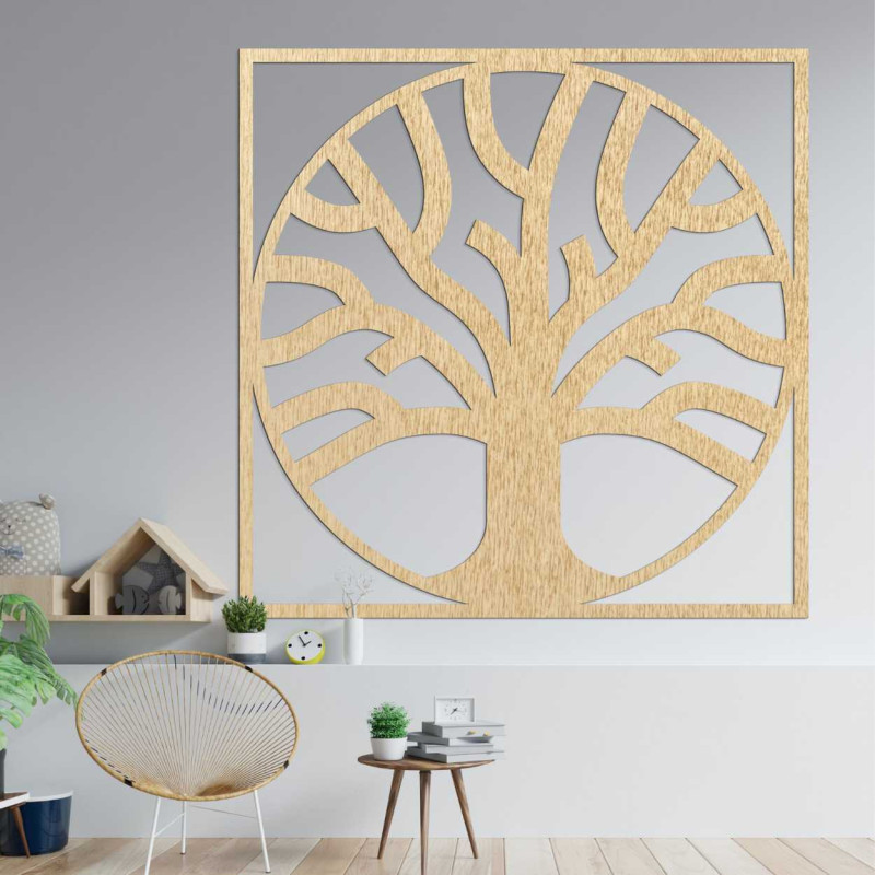 Aesthetically balanced wooden painting with a carved tree as the central element.