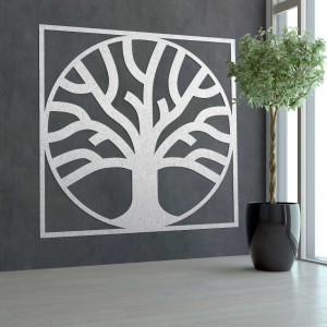 Decorative tree of life carved from wood in a modern frame.