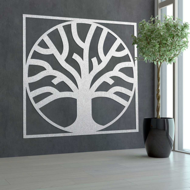 Decorative tree of life carved from wood in a modern frame.