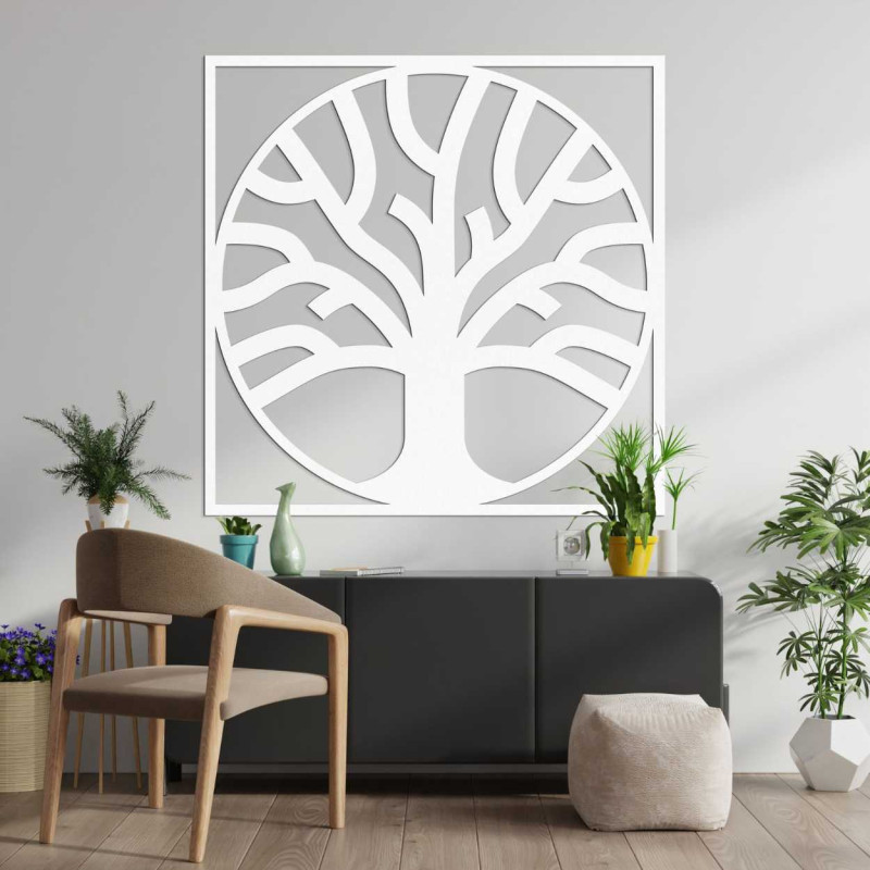 Geometrically shaped tree of life carved from natural material.