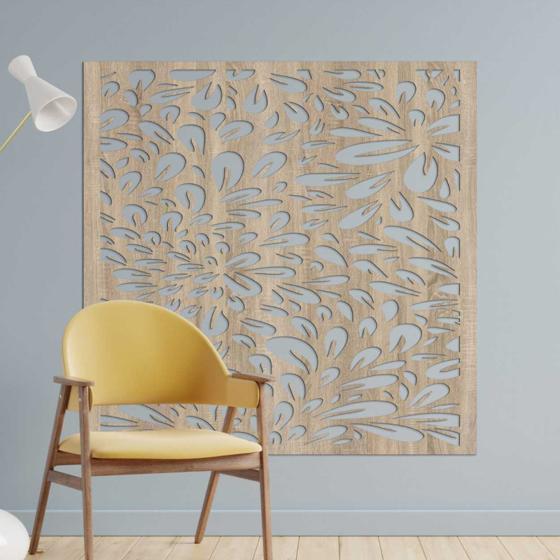 Light wood wall art with delicate curved patterns like drops or petals.