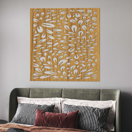 Modern natural decoration with a scattered floral motif in carved wood.