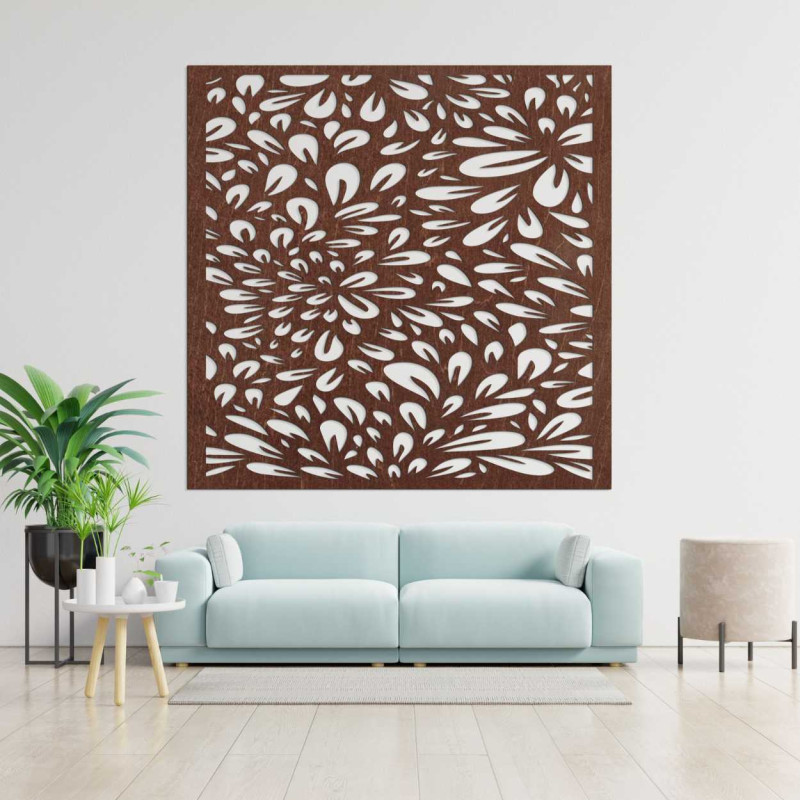 Natural wooden cutout with an artistic floral pattern.