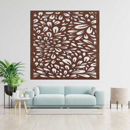 Natural wooden cutout with an artistic floral pattern.