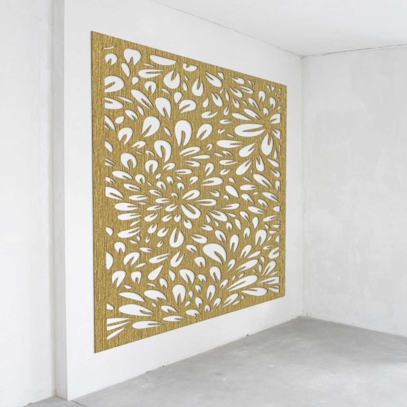 A design wall with a laser motif of a blooming flower made of wood.