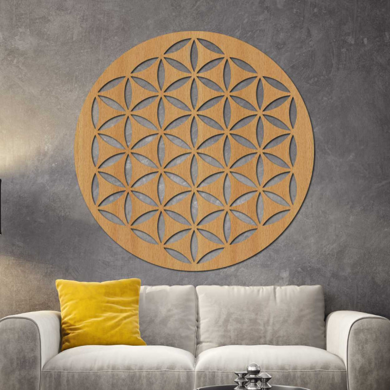 Precisely carved Flower of Life into a circular wooden panel