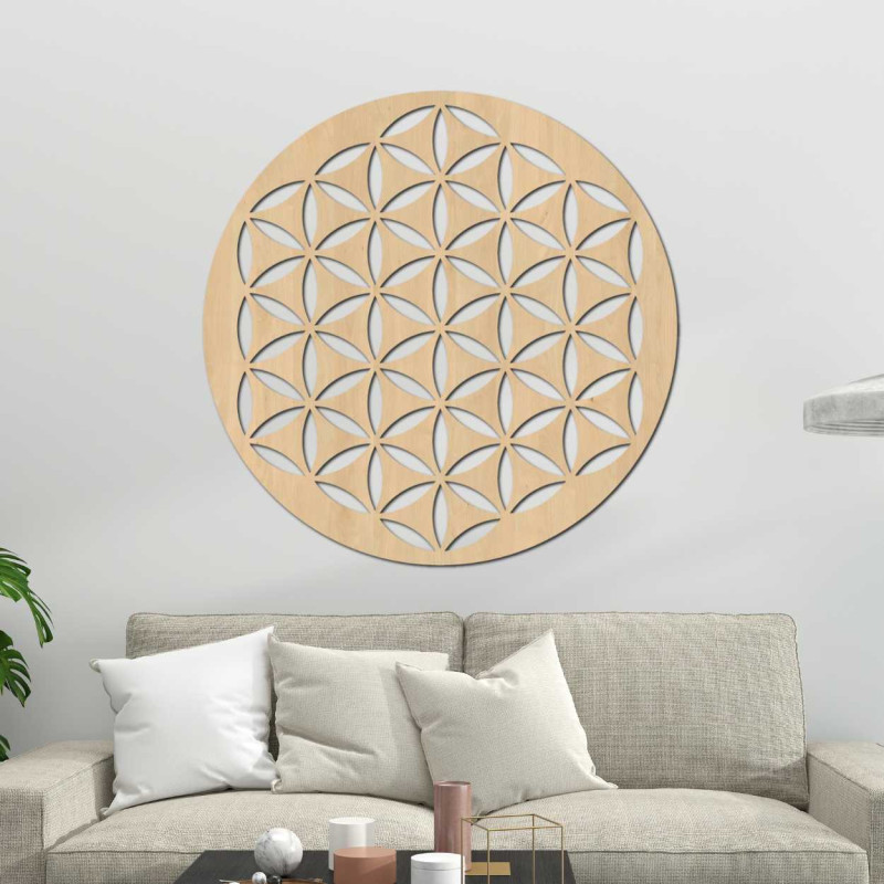 Harmonious symbol Flower of Life precisely carved into a wooden circle