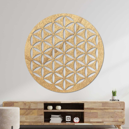 A wooden painting depicting a harmonious motif composed of overlapping circles.
