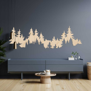 Close-up view of a forest silhouette made of wood mounted on a white wall. 2