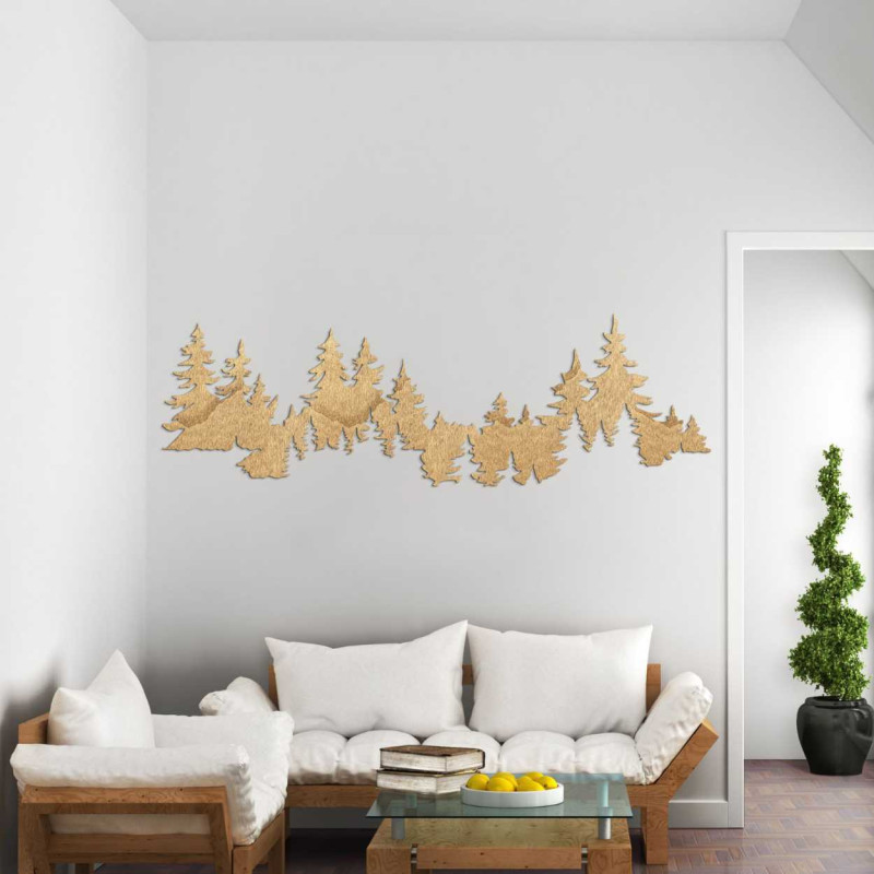 Carved forest motif made of wood as an aesthetic addition to the wall.