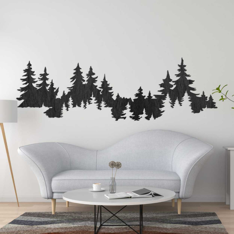 A modern space with natural wooden decoration in the shape of trees.