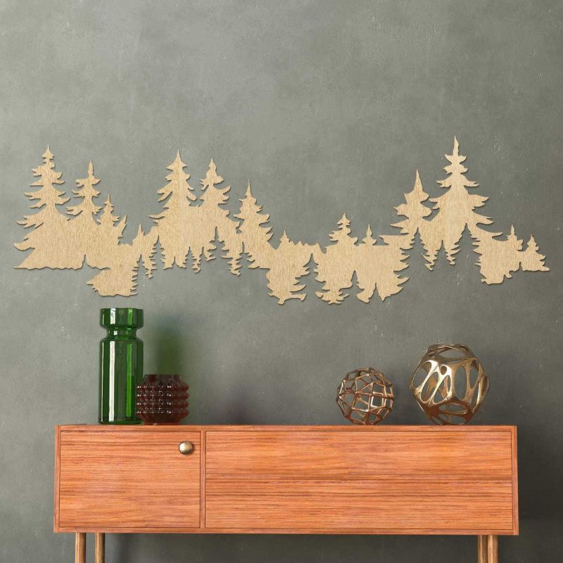 Detailed wall silhouette of a forest made of light wood material.