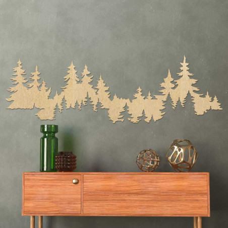 Detailed wall silhouette of a forest made of light wood material.