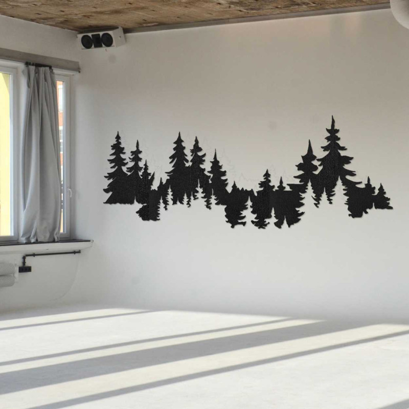 A modern space with natural wooden decoration in the shape of trees.