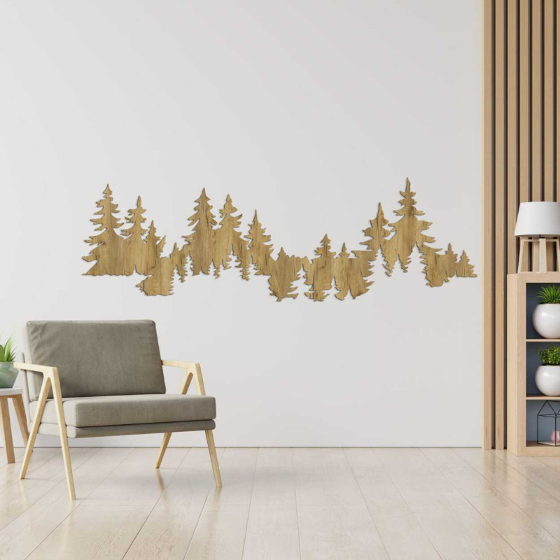 A naturally-themed decoration with a forest motif carved from wood.